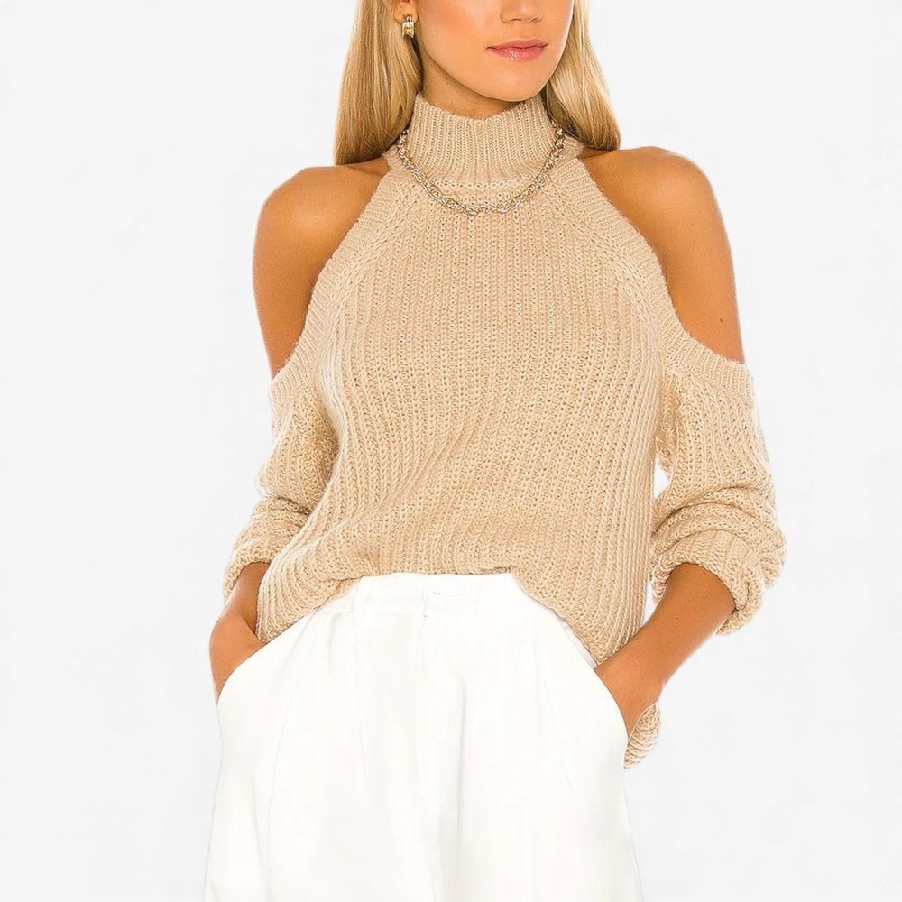 MAJORELLE Estrid Cold Shoulder Sweater Women’s XS Beige Mock Neck Knit
